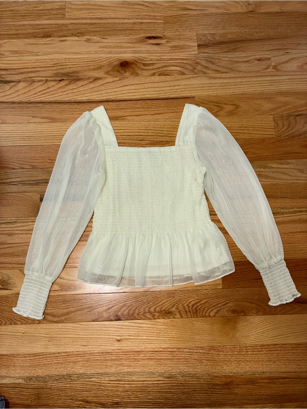 Nine West Cream Square-Neck Smocked Peplum Blouse
